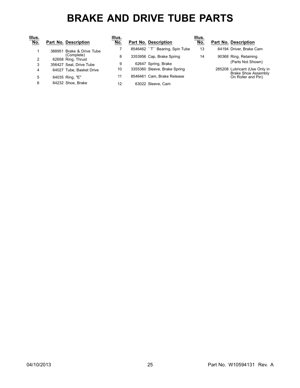 Brake and drive tube parts | Whirlpool WET3300XQ User Manual | Page 25 / 28