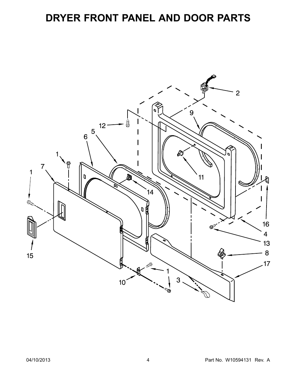 Dryer front panel and door, Dryer front panel and door parts | Whirlpool WET3300XQ User Manual | Page 4 / 28