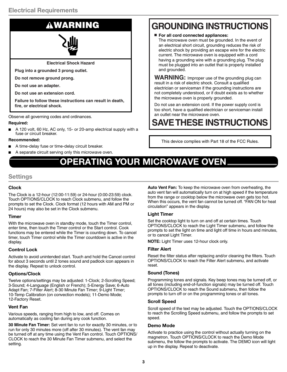 Electrical requirements, Operating your microwave oven, Settings | Grounding instructions save these instructions, Warning | Whirlpool WMH76719CS User Manual | Page 3 / 8