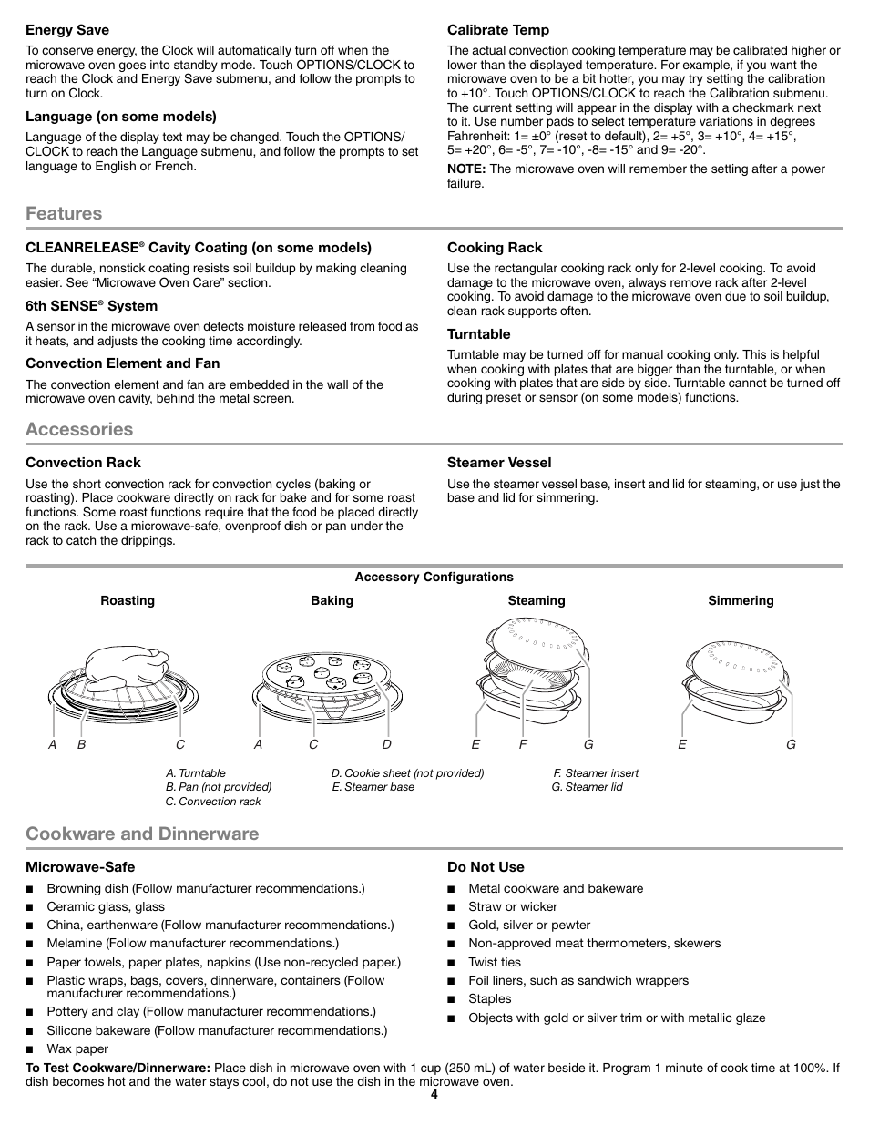 Features, Accessories, Cookware and dinnerware | Whirlpool WMH76719CS User Manual | Page 4 / 8