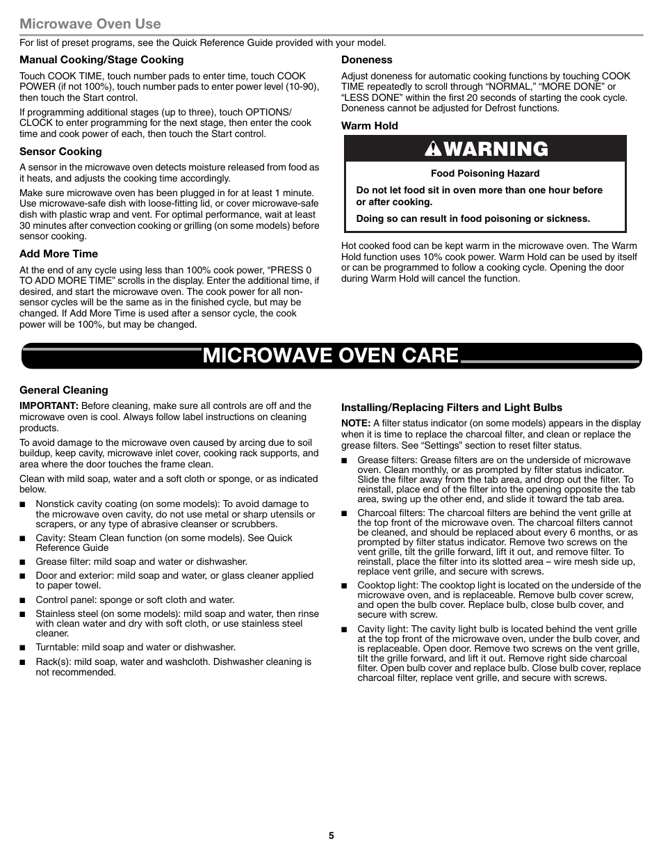 Microwave oven use, Microwave oven care, Warning | Whirlpool WMH76719CS User Manual | Page 5 / 8