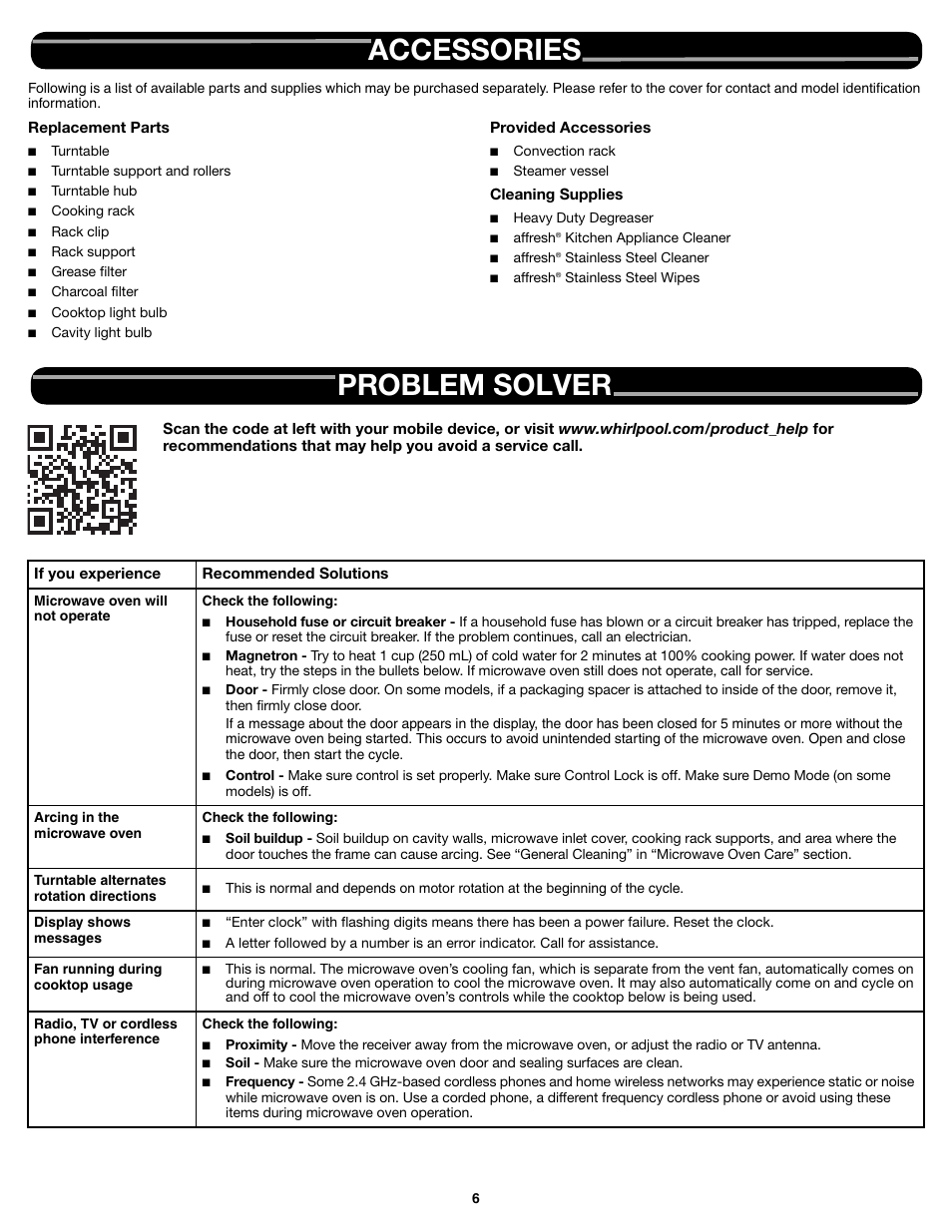 Accessories, Problem solver | Whirlpool WMH76719CS User Manual | Page 6 / 8
