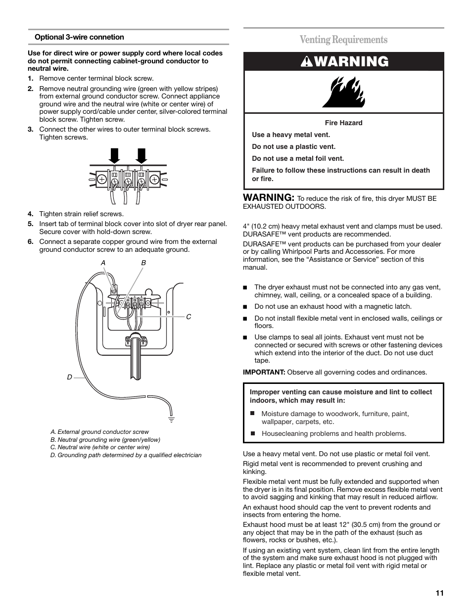 Venting requirements, Warning | Whirlpool LER3622PQ User Manual | Page 11 / 20