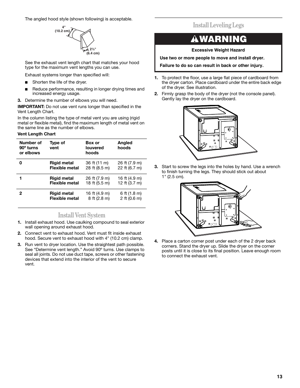 Warning, Install vent system, Install leveling legs | Whirlpool LER3622PQ User Manual | Page 13 / 20