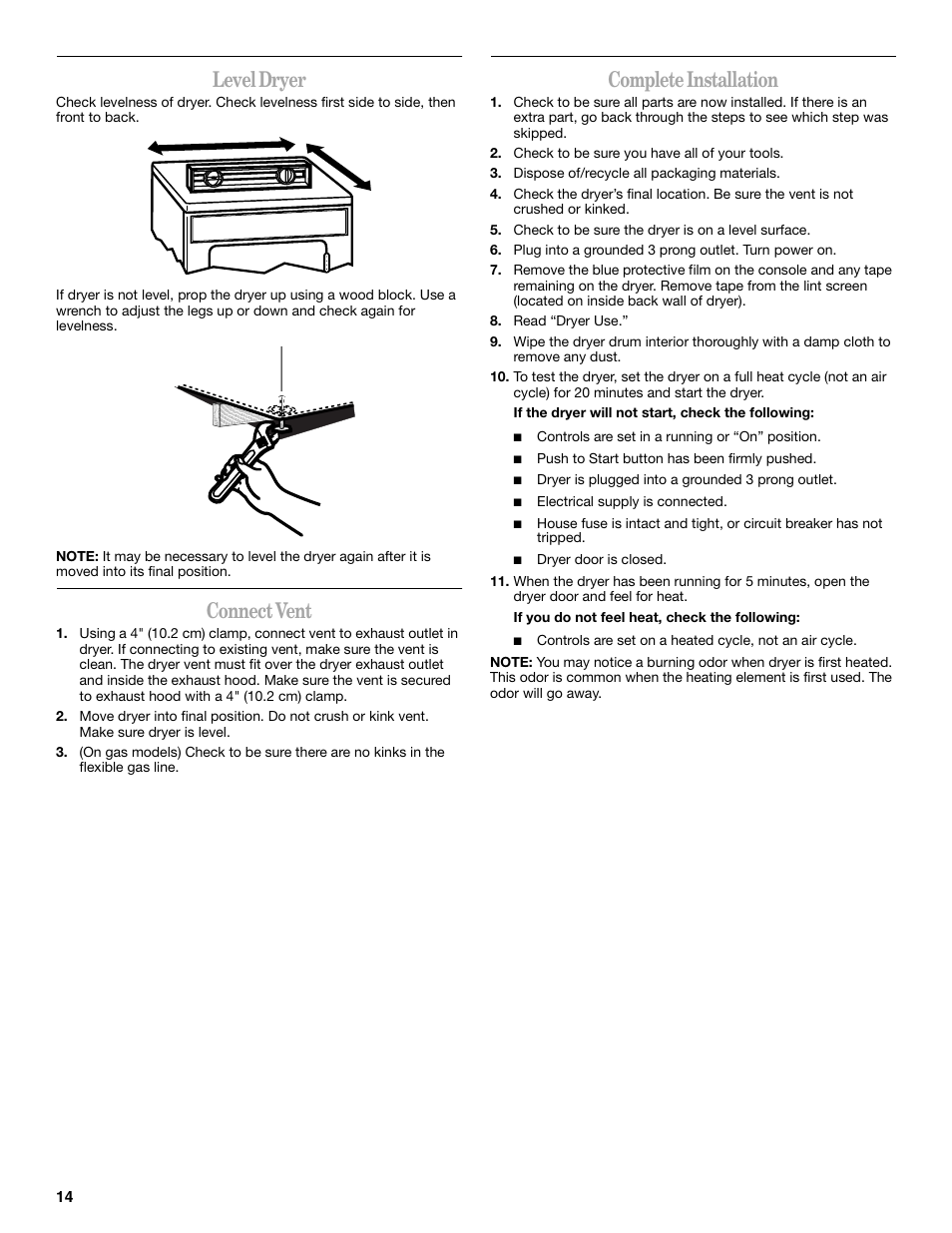 Level dryer, Connect vent, Complete installation | Whirlpool LER3622PQ User Manual | Page 14 / 20