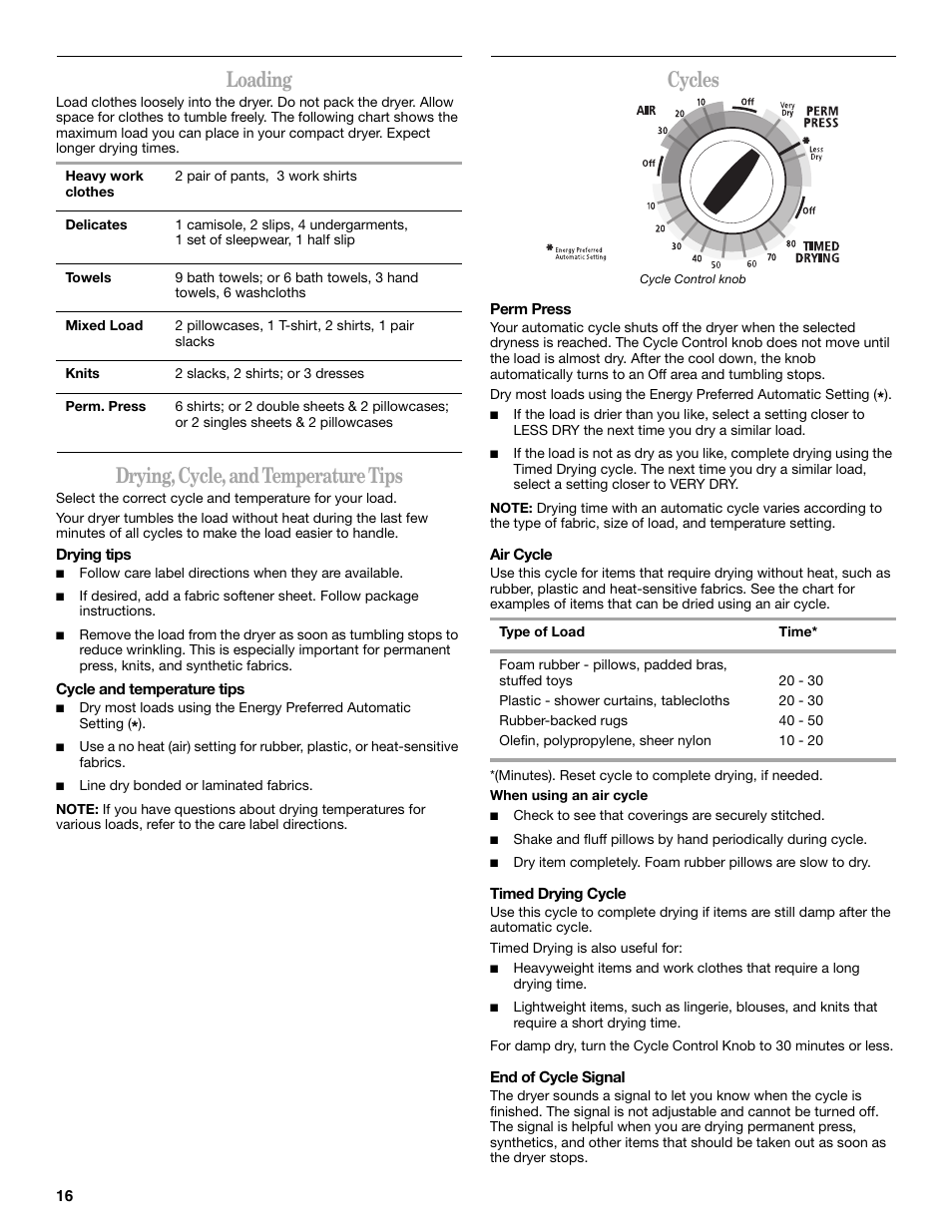 Loading, Drying, cycle, and temperature tips, Cycles | Whirlpool LER3622PQ User Manual | Page 16 / 20