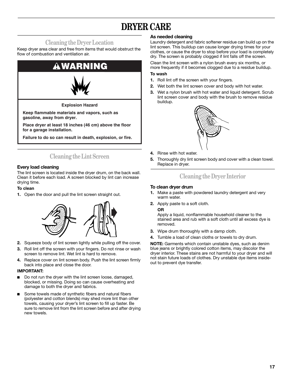 Dryer care, Warning, Cleaning the dryer location | Cleaning the lint screen, Cleaning the dryer interior | Whirlpool LER3622PQ User Manual | Page 17 / 20