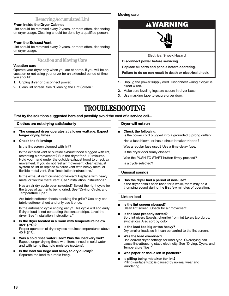 Troubleshooting, Warning, Removing accumulated lint | Vacation and moving care | Whirlpool LER3622PQ User Manual | Page 18 / 20