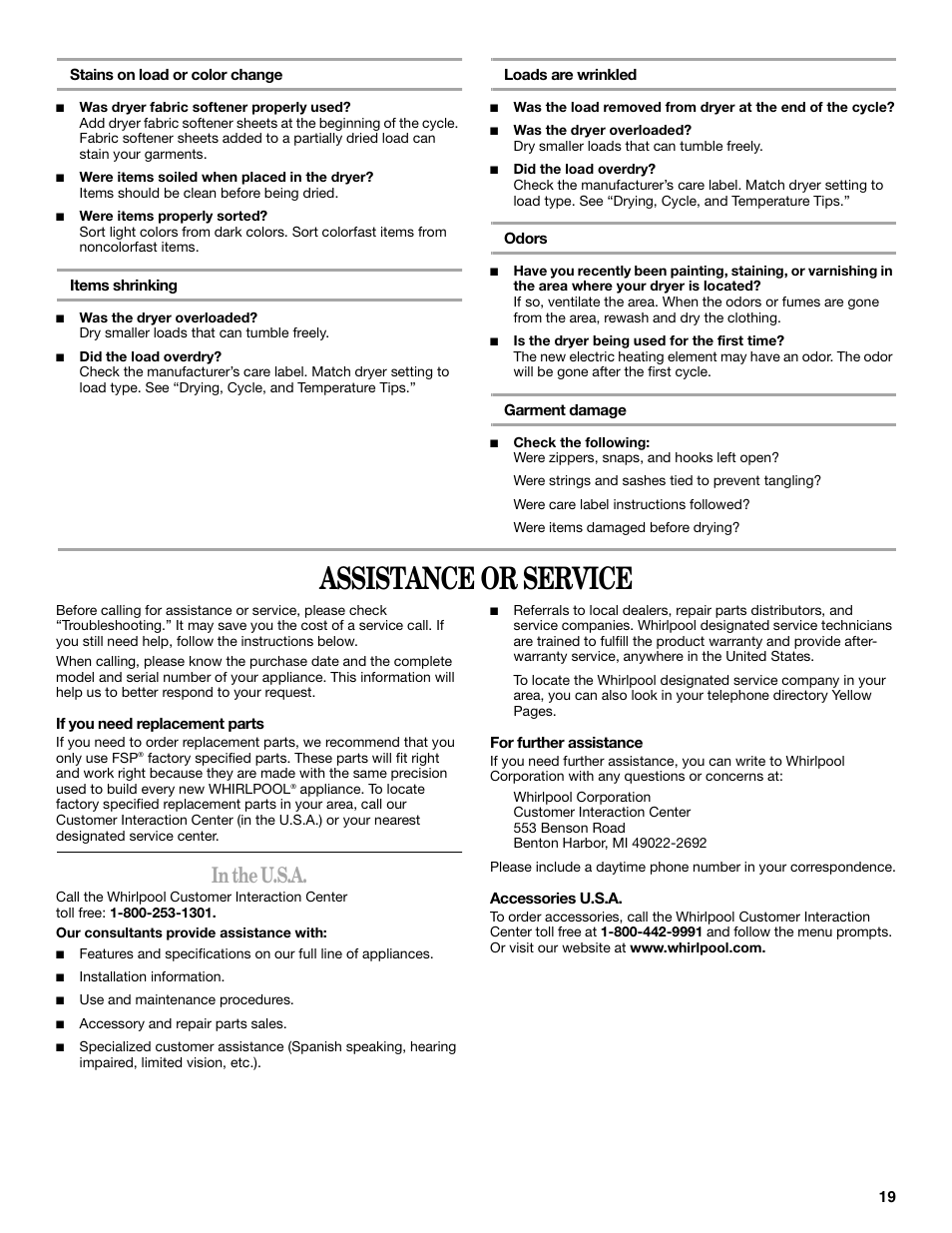 Assistance or service | Whirlpool LER3622PQ User Manual | Page 19 / 20