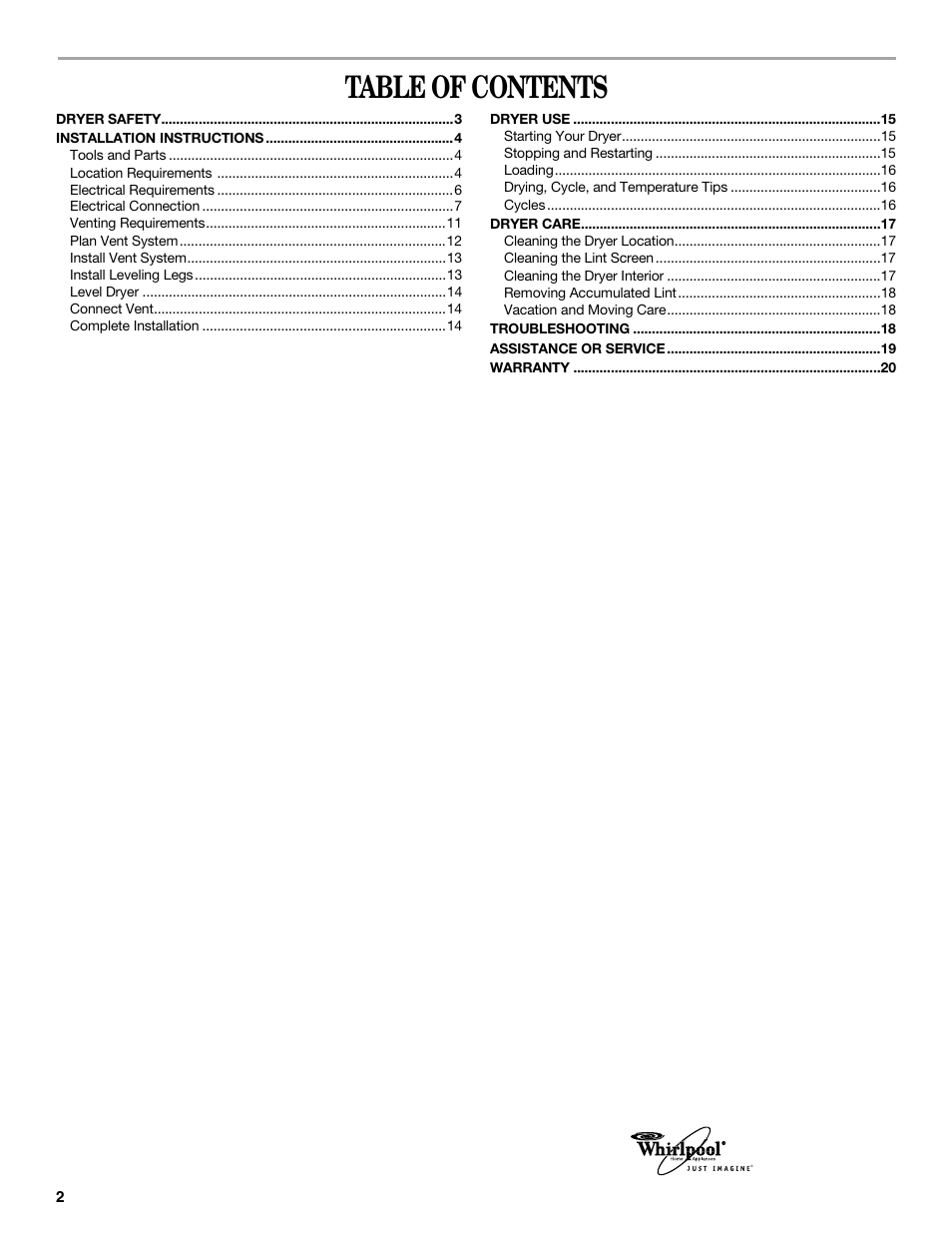 Whirlpool LER3622PQ User Manual | Page 2 / 20