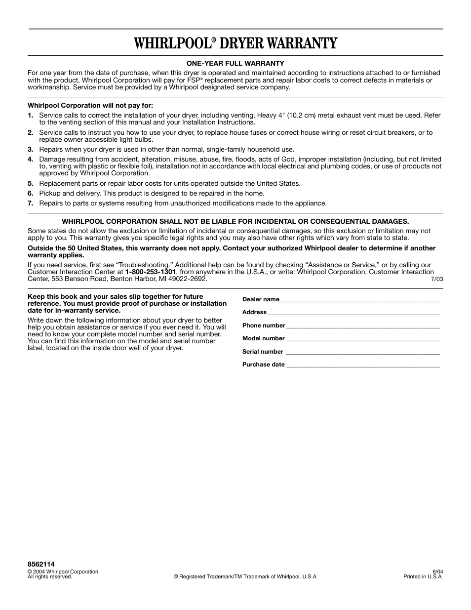 Whirlpool, Dryer warranty | Whirlpool LER3622PQ User Manual | Page 20 / 20