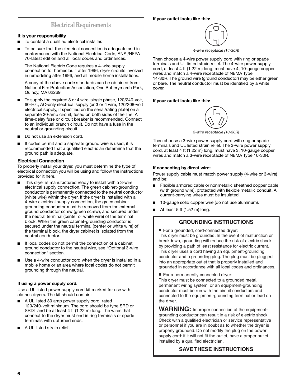 Electrical requirements, Warning, Grounding instructions save these instructions | Whirlpool LER3622PQ User Manual | Page 6 / 20