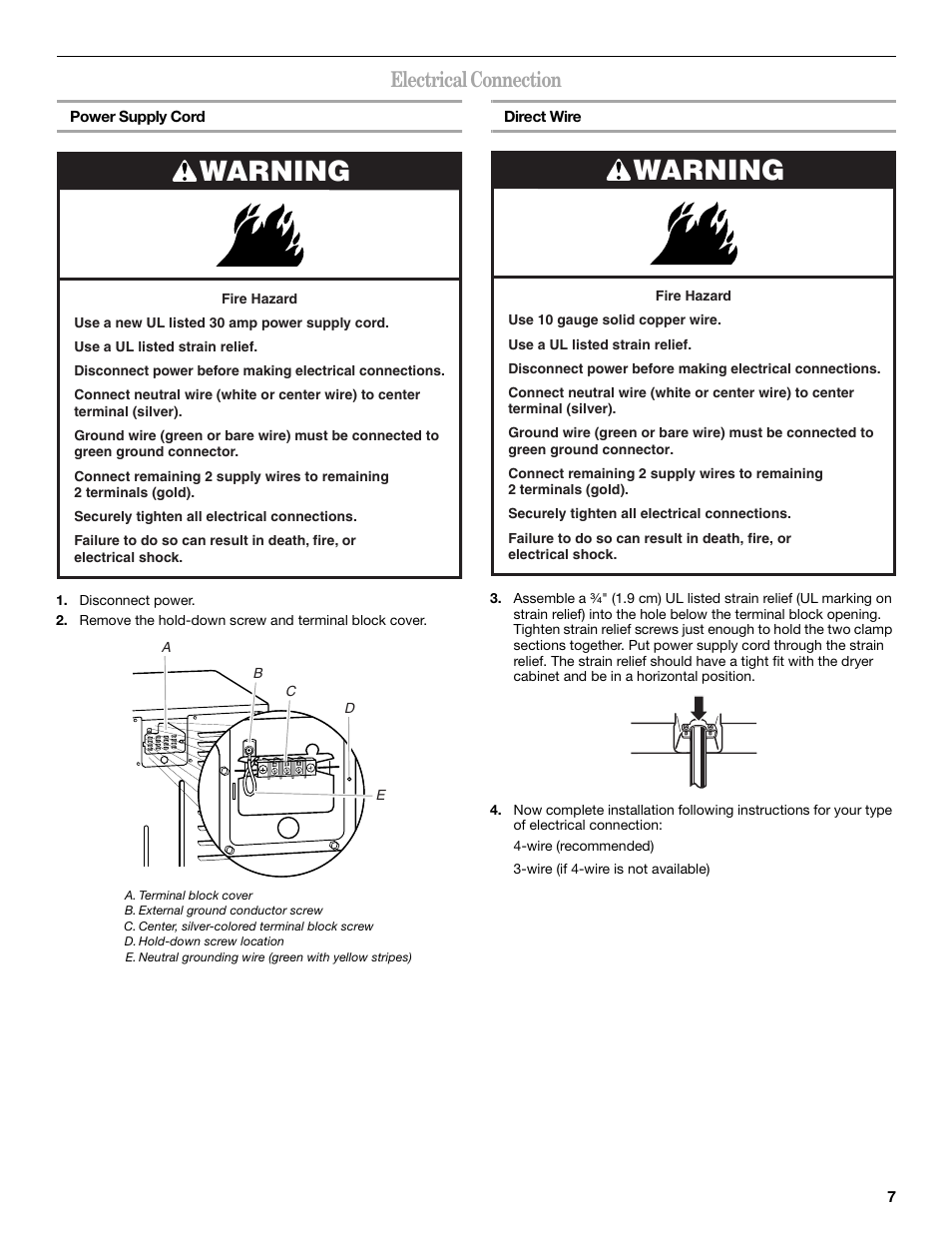 Warning, Electrical connection | Whirlpool LER3622PQ User Manual | Page 7 / 20