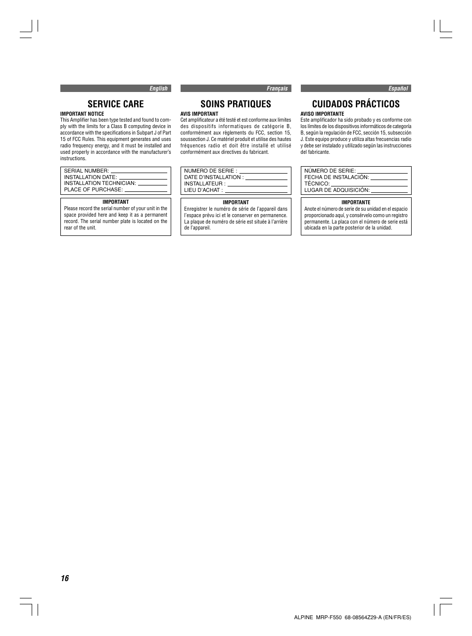 Service care, Soins pratiques, Cuidados prácticos | Alpine MRP-F550 User Manual | Page 16 / 20