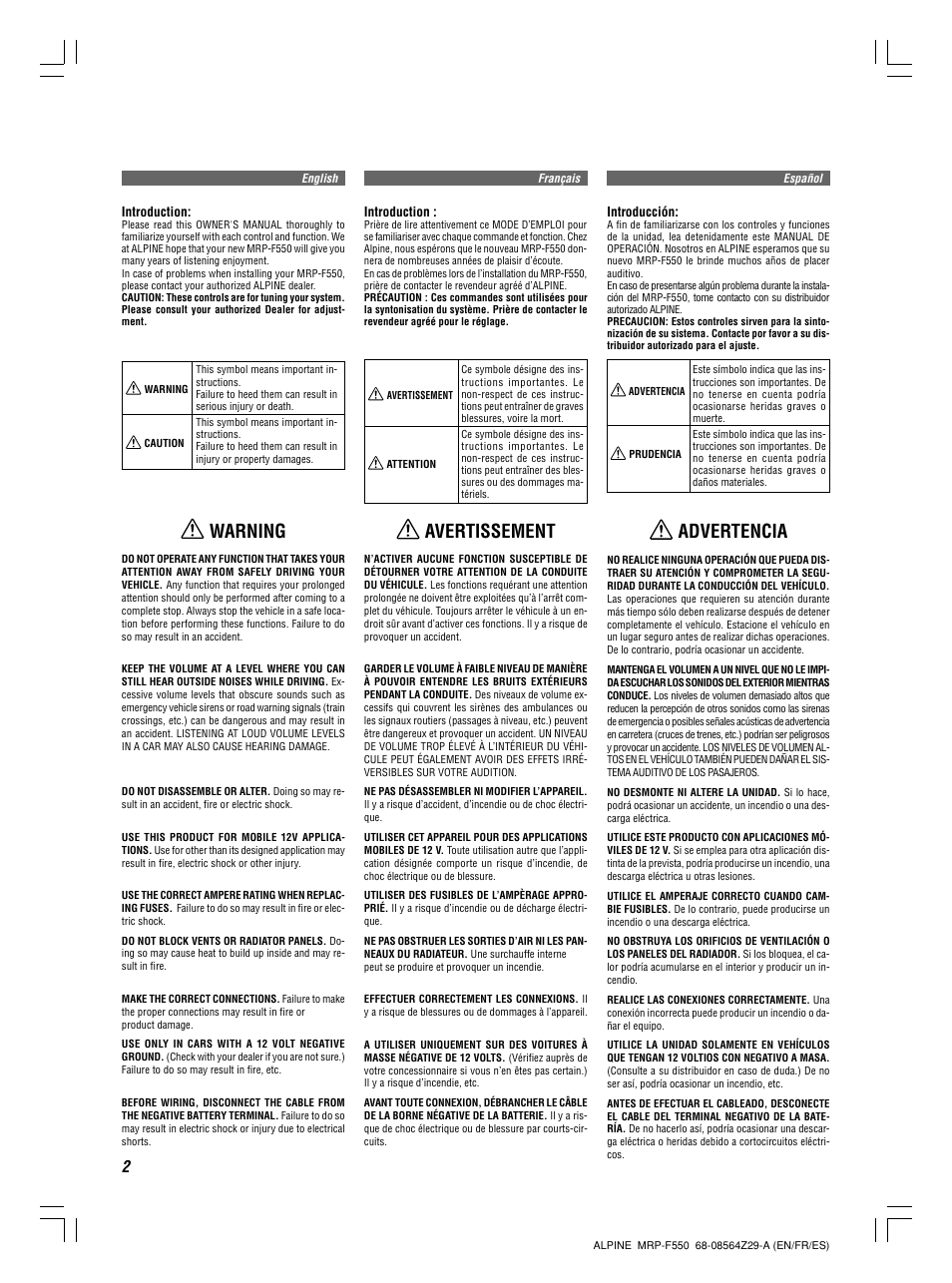 Avertissement, Warning, Advertencia | Alpine MRP-F550 User Manual | Page 2 / 20