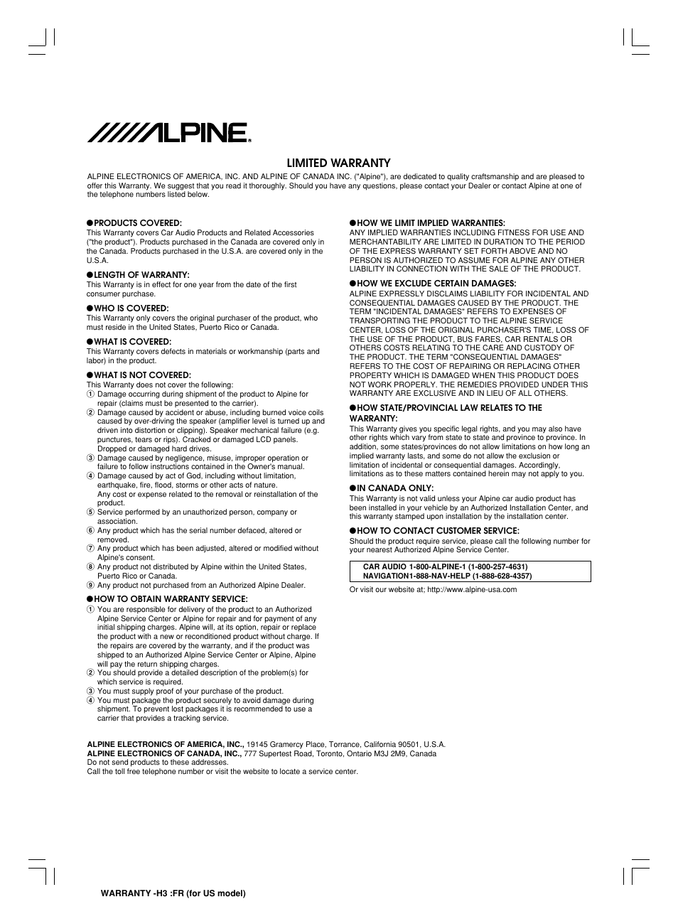 Limited warranty | Alpine MRP-F550 User Manual | Page 20 / 20