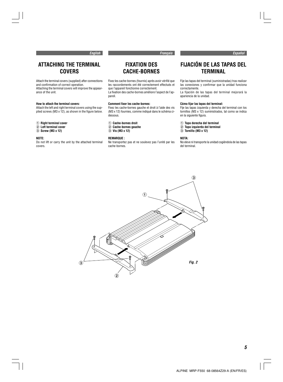 Fixation des cache-bornes, Attaching the terminal covers, Fijación de las tapas del terminal | Alpine MRP-F550 User Manual | Page 5 / 20