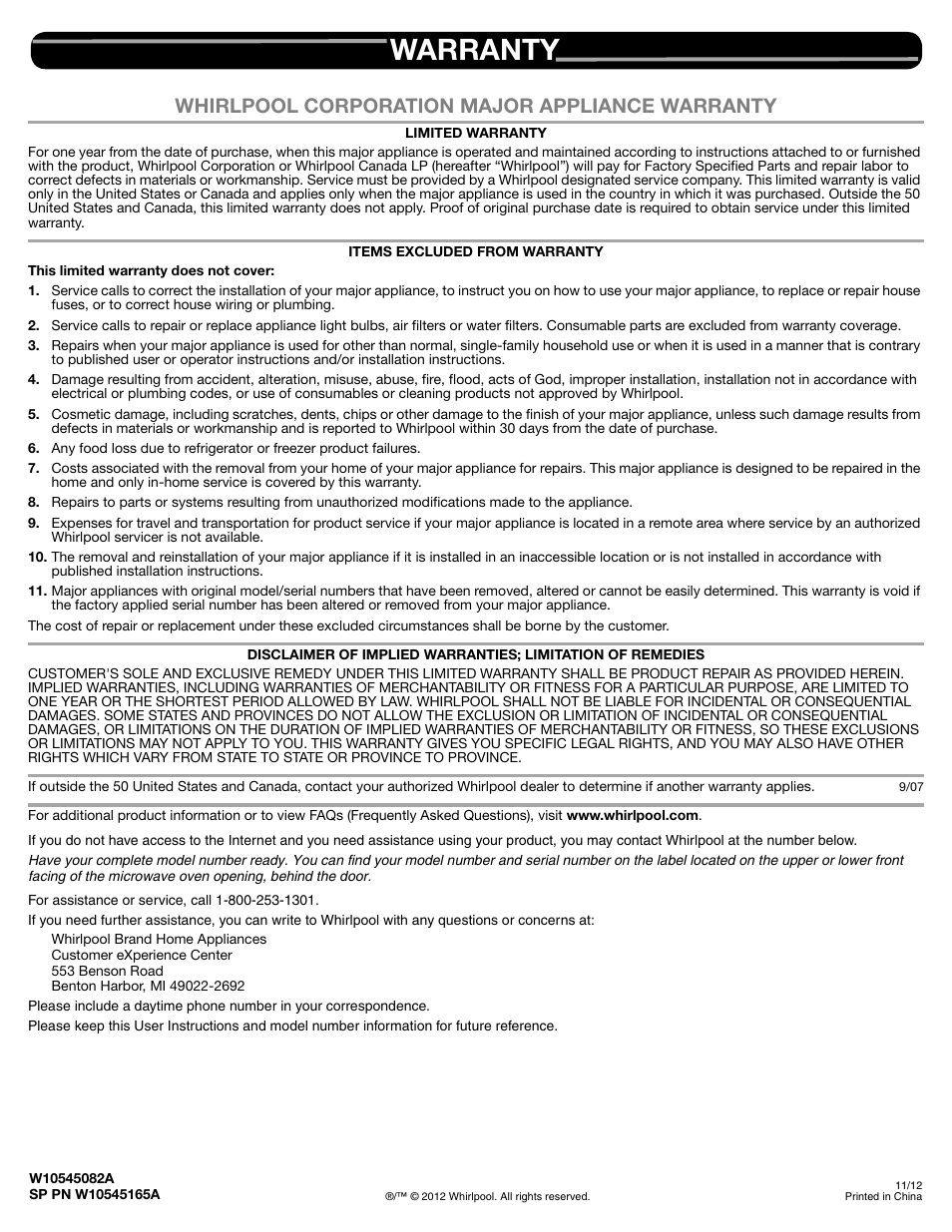 Whirlpool WMH31017AS User Manual | 1 page