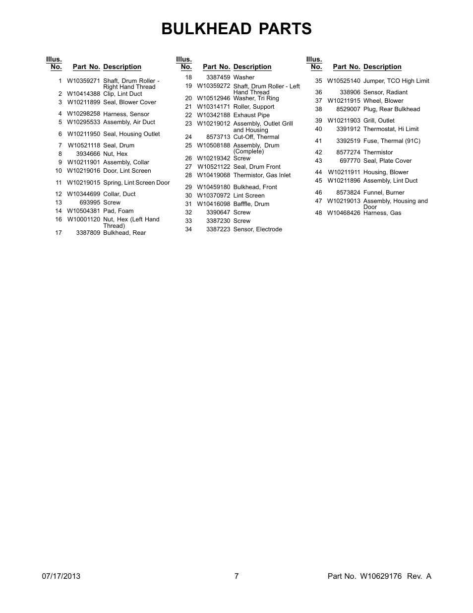 Bulkhead parts | Whirlpool WGD71HEBW User Manual | Page 7 / 12