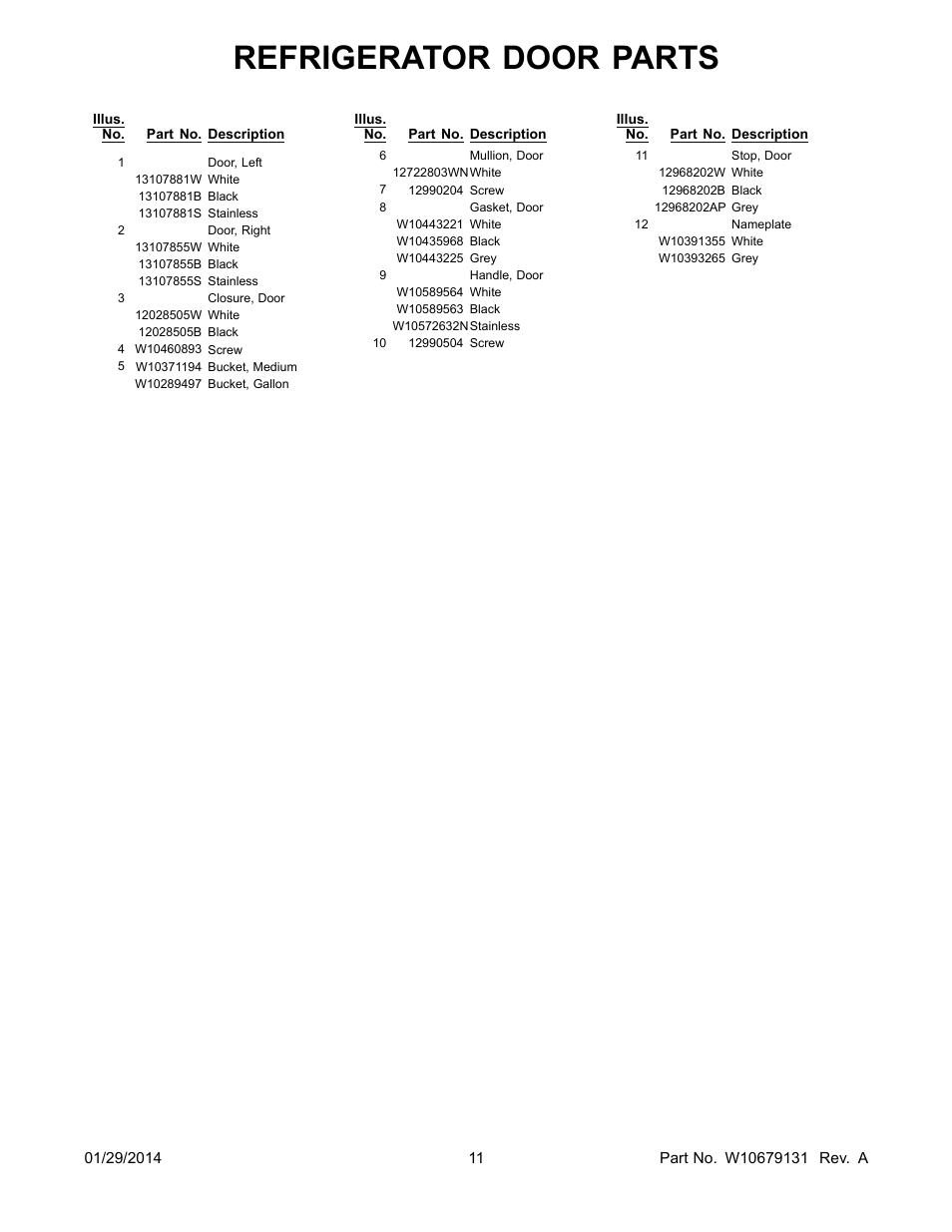 Refrigerator door parts | Whirlpool WRF535SWBM User Manual | Page 11 / 18