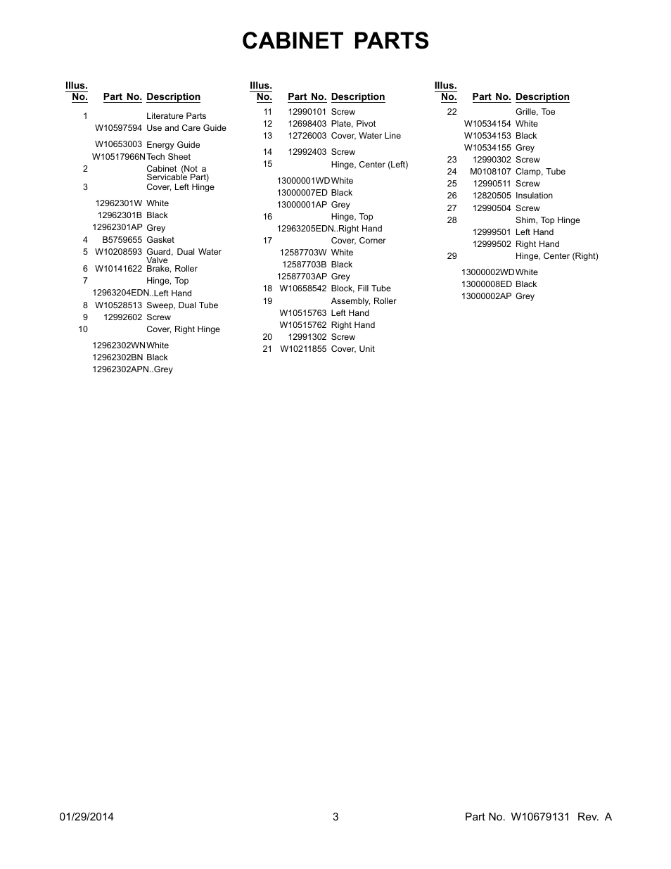 Literature, Cabinet parts | Whirlpool WRF535SWBM User Manual | Page 3 / 18