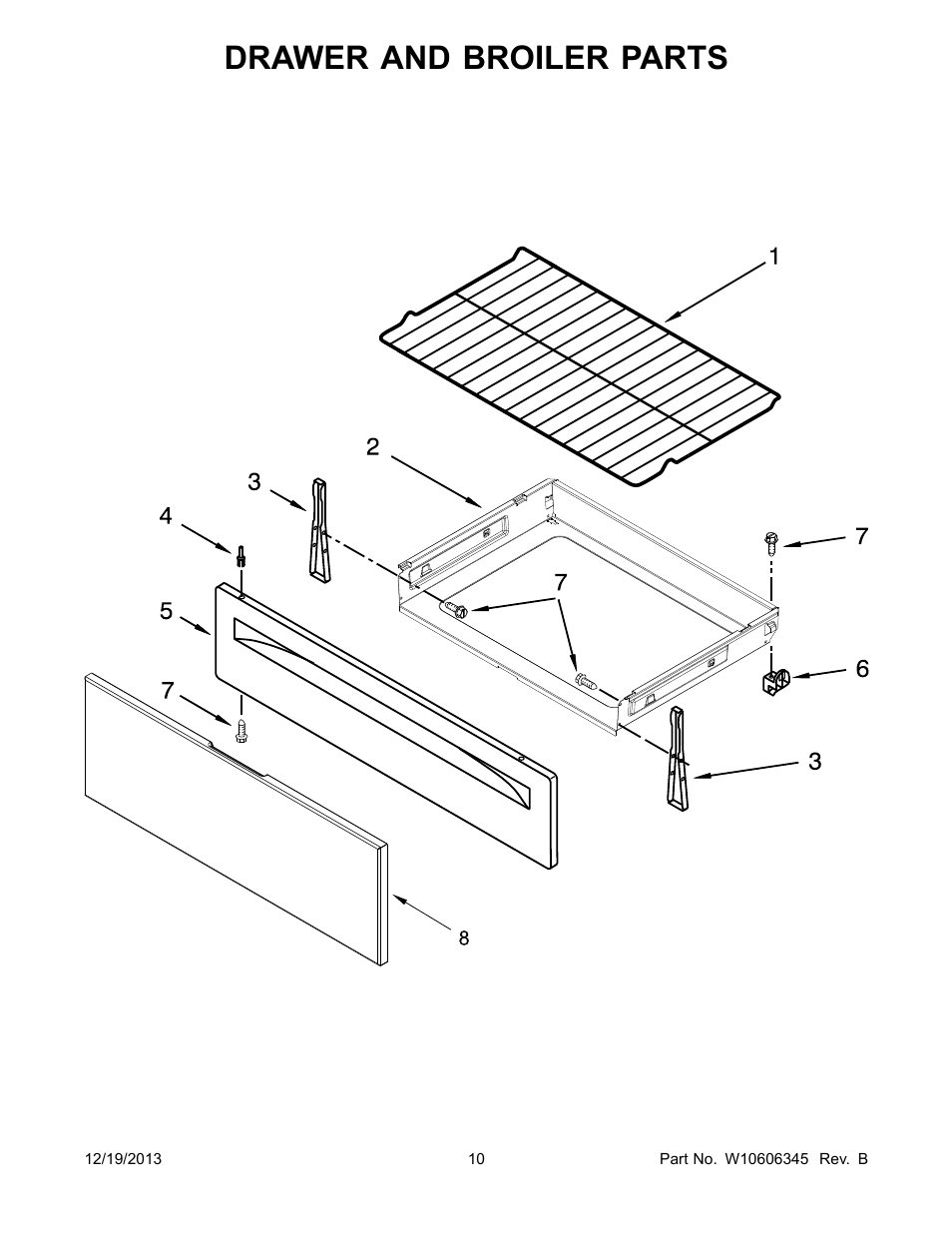 Drawer and broiler, Drawer and broiler parts | Whirlpool WFE524CLBS User Manual | Page 10 / 12