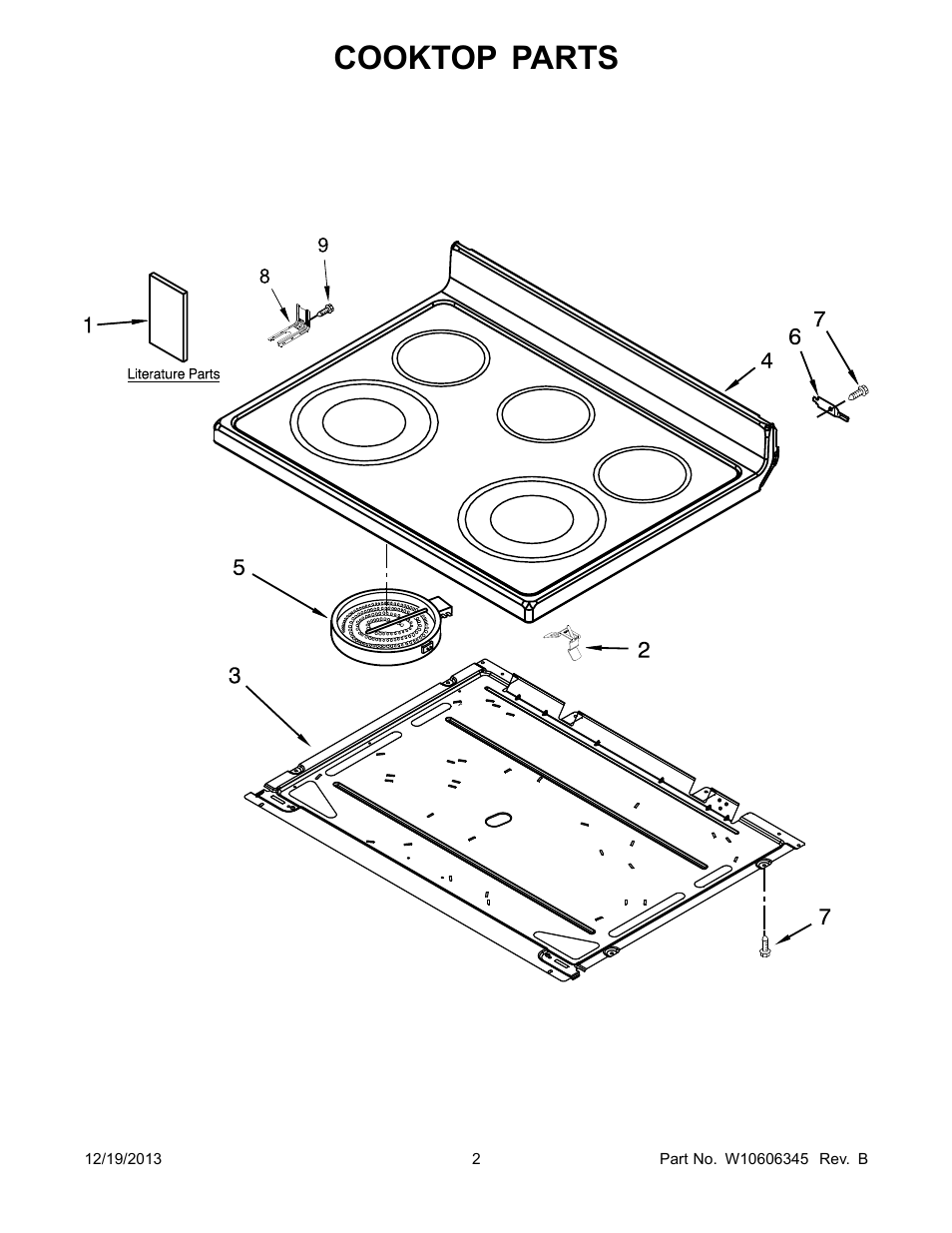 Cooktop, Cooktop parts | Whirlpool WFE524CLBS User Manual | Page 2 / 12