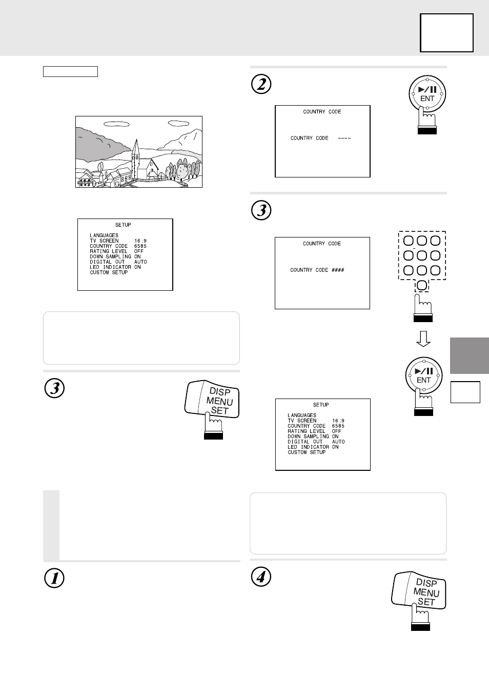 Set up, Changing the country code setting, Press “set” for at least 2 seconds | Press “ent” to reset the country code | Alpine DVD/VIDEO CD/ DVA-5205E User Manual | Page 27 / 72