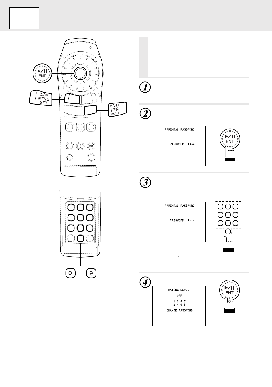 Set up, Setting the rating level (parental lock), Use keys “0” to “9” to input the 4- digit password | Press “ent | Alpine DVD/VIDEO CD/ DVA-5205E User Manual | Page 28 / 72