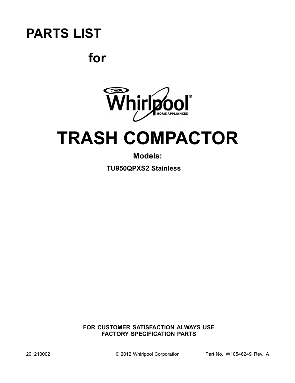 Whirlpool TU950QPXS User Manual | 13 pages