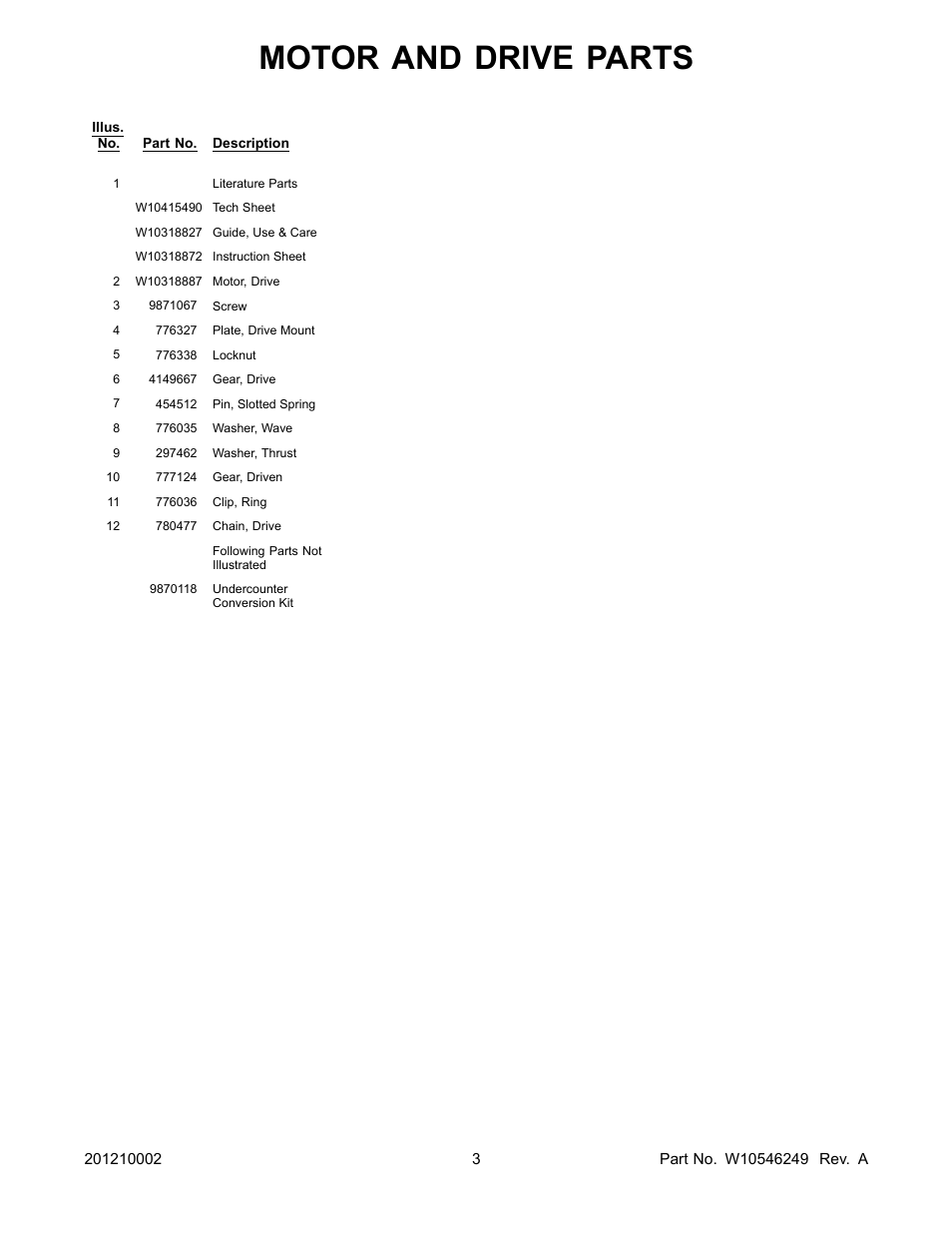 Literature, Motor and drive parts | Whirlpool TU950QPXS User Manual | Page 3 / 13