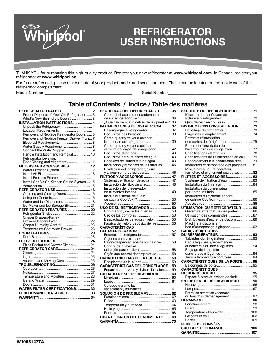 Whirlpool WRF991BOOM User Manual | 108 pages