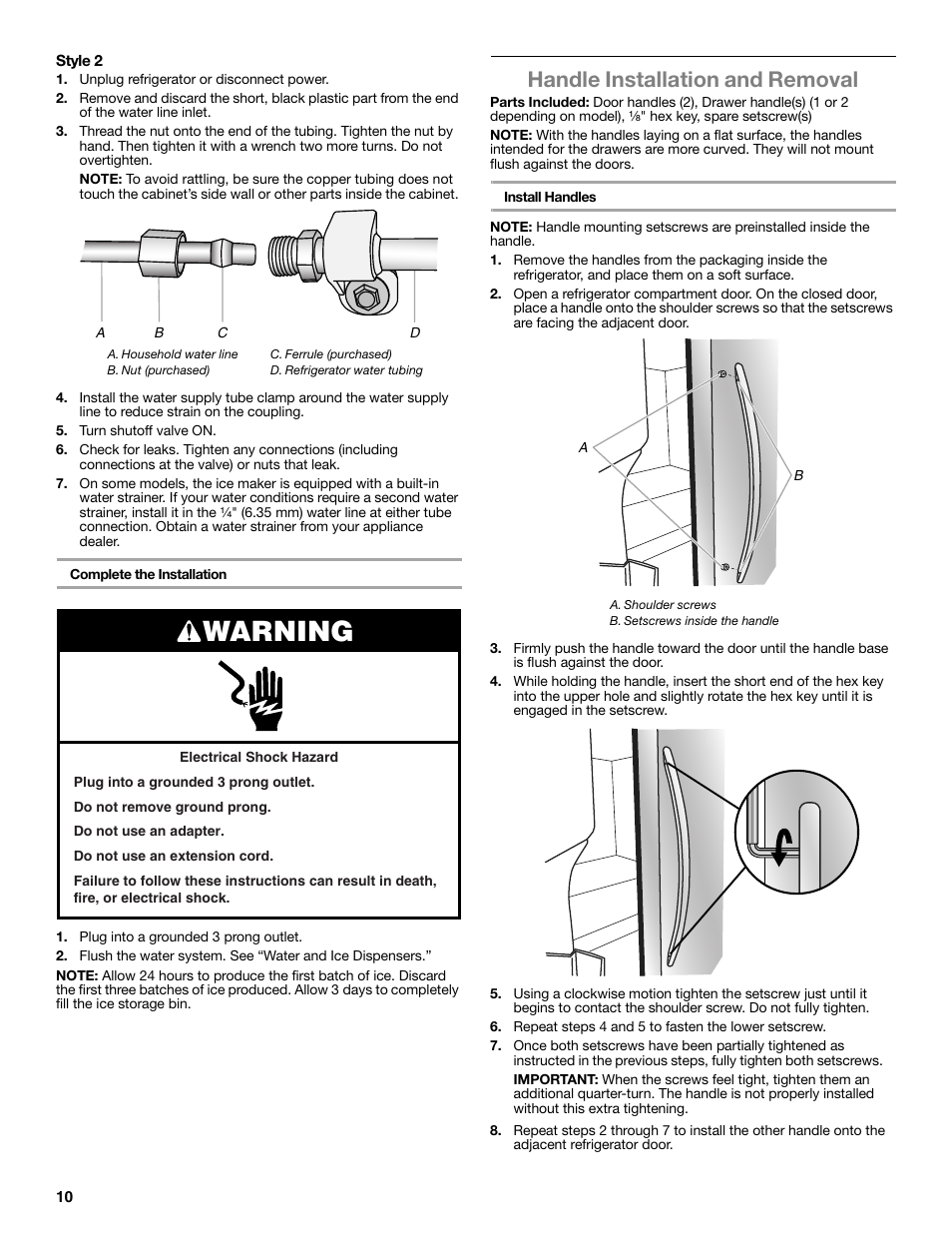 Warning, Handle installation and removal | Whirlpool WRF991BOOM User Manual | Page 10 / 108