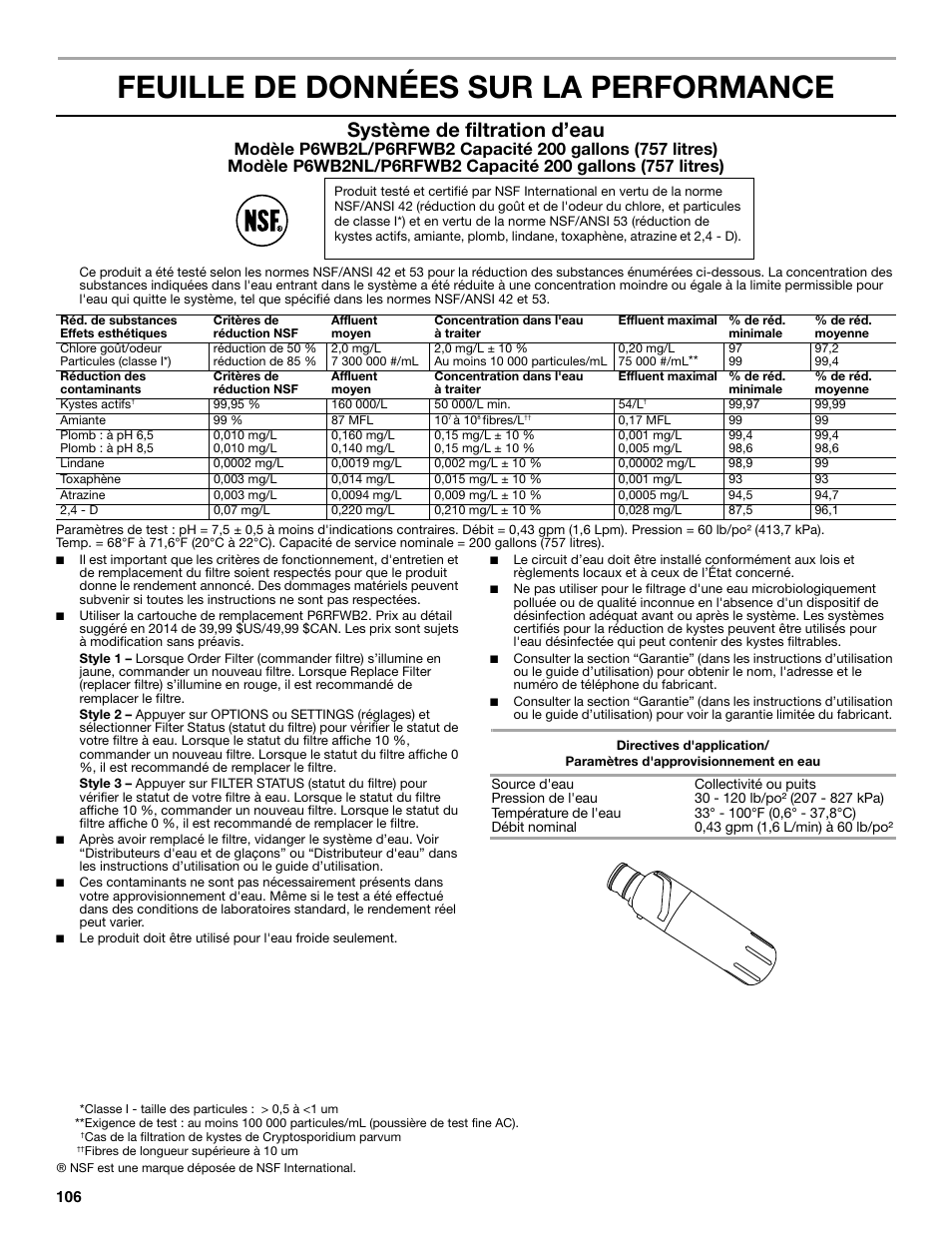 Feuille de données sur la performance, Système de filtration d’eau | Whirlpool WRF991BOOM User Manual | Page 106 / 108