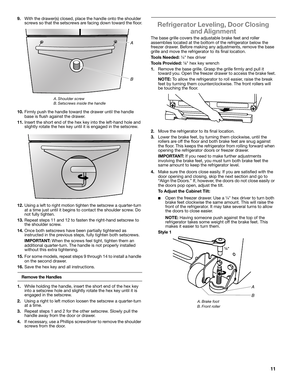 Refrigerator leveling, door closing and alignment | Whirlpool WRF991BOOM User Manual | Page 11 / 108