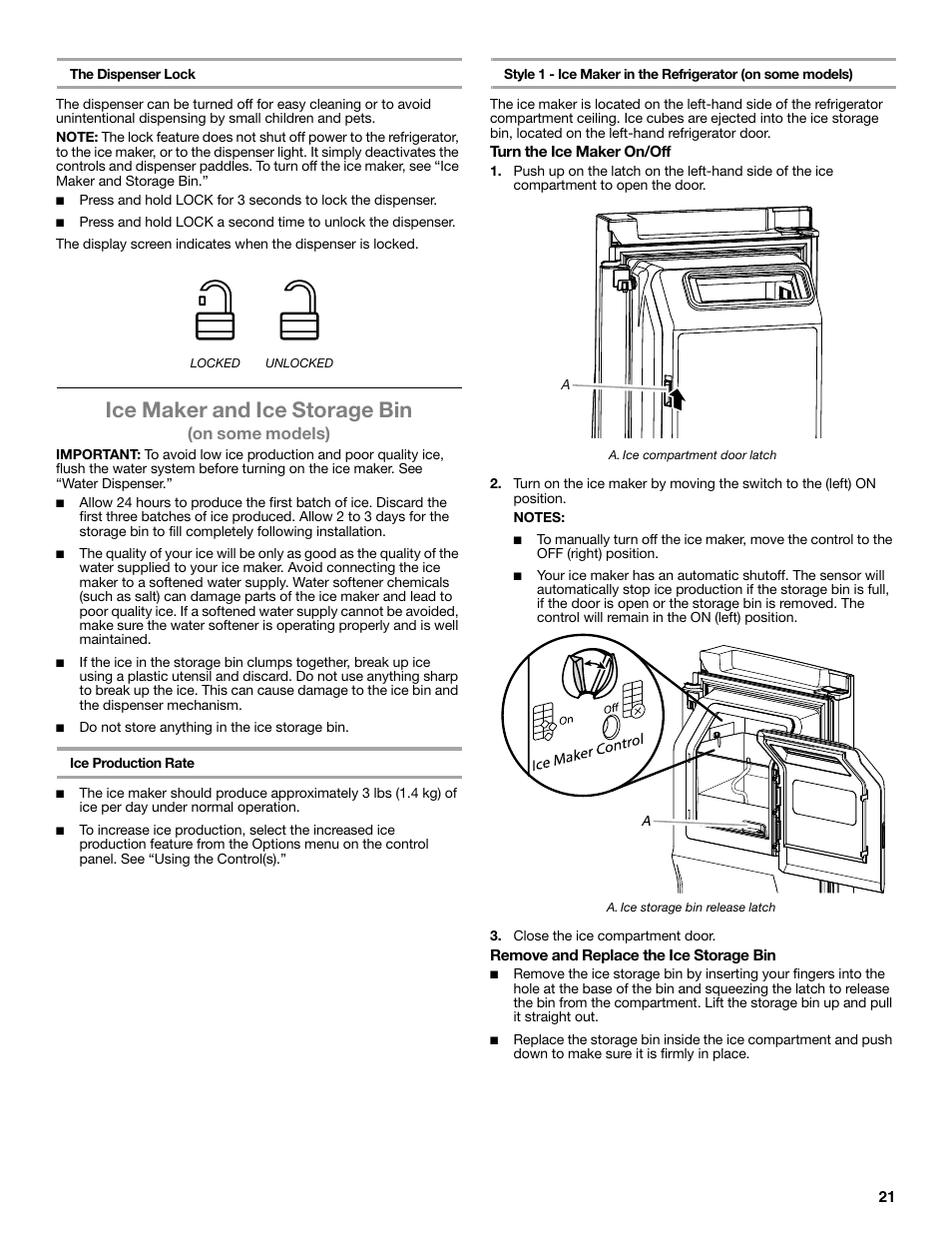 Ice maker and ice storage bin, On some models) | Whirlpool WRF991BOOM User Manual | Page 21 / 108