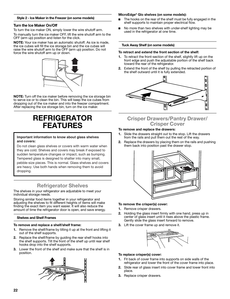 Refrigerator features, Refrigerator shelves, Crisper drawers/pantry drawer/ crisper cover | Whirlpool WRF991BOOM User Manual | Page 22 / 108