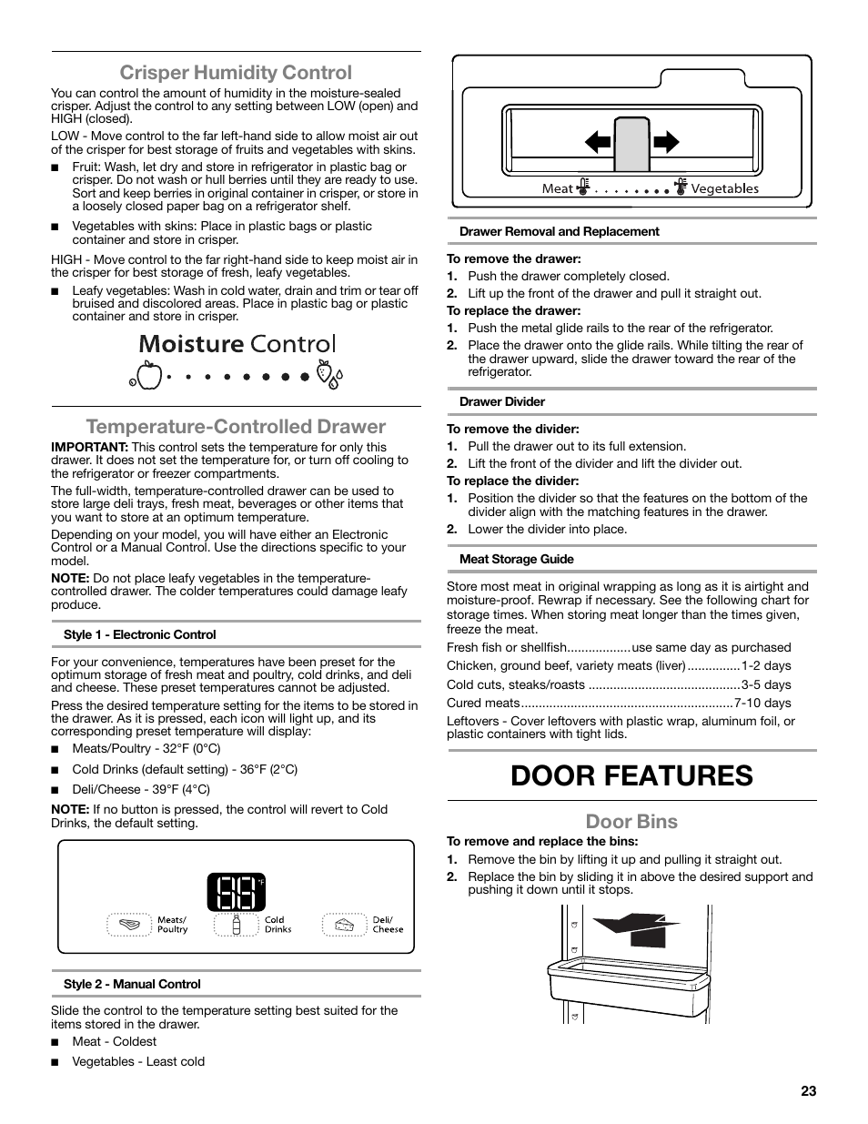 Door features, Crisper humidity control, Temperature-controlled drawer | Door bins | Whirlpool WRF991BOOM User Manual | Page 23 / 108