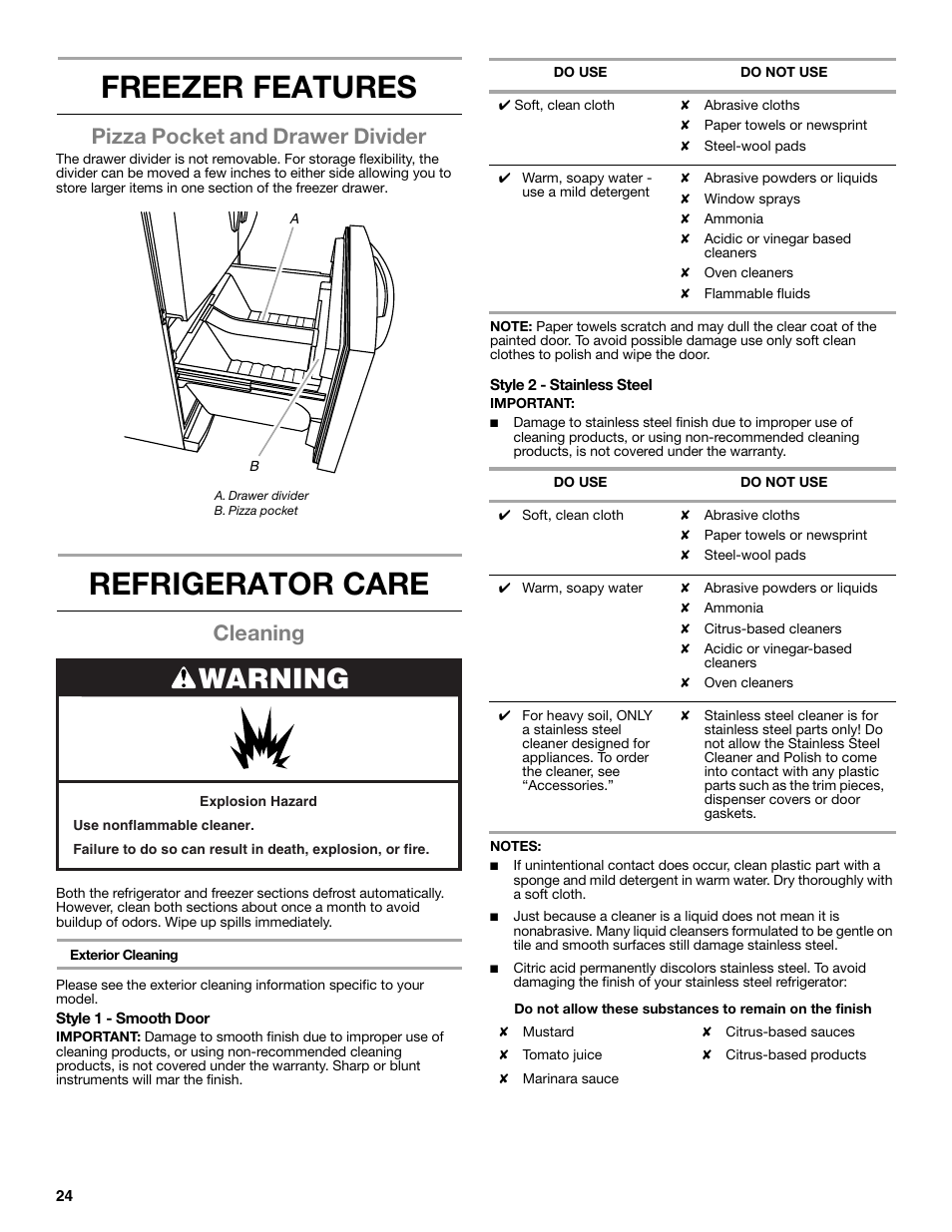 Freezer features, Refrigerator care, Warning | Pizza pocket and drawer divider, Cleaning | Whirlpool WRF991BOOM User Manual | Page 24 / 108