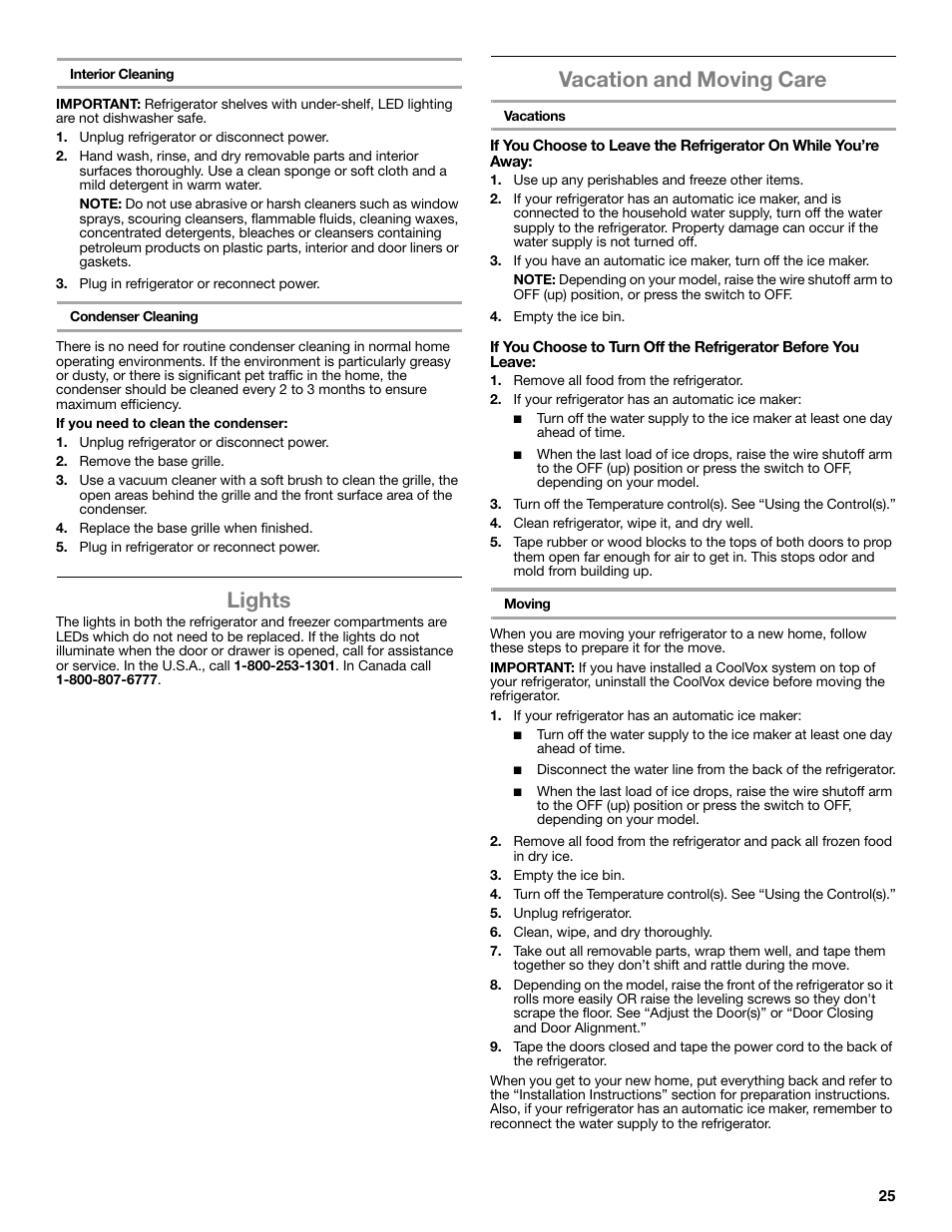 Lights, Vacation and moving care | Whirlpool WRF991BOOM User Manual | Page 25 / 108