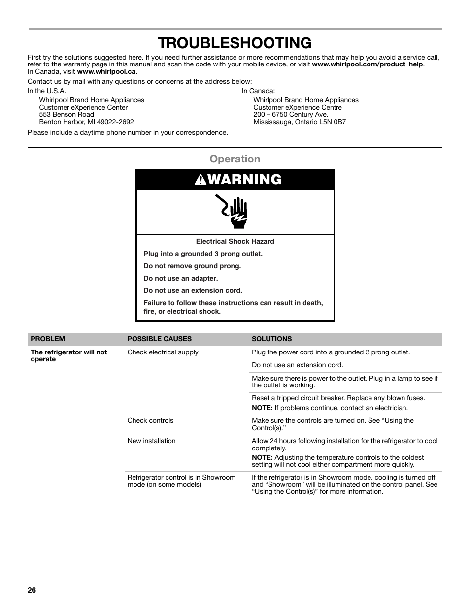 Troubleshooting, Warning, Operation | Whirlpool WRF991BOOM User Manual | Page 26 / 108