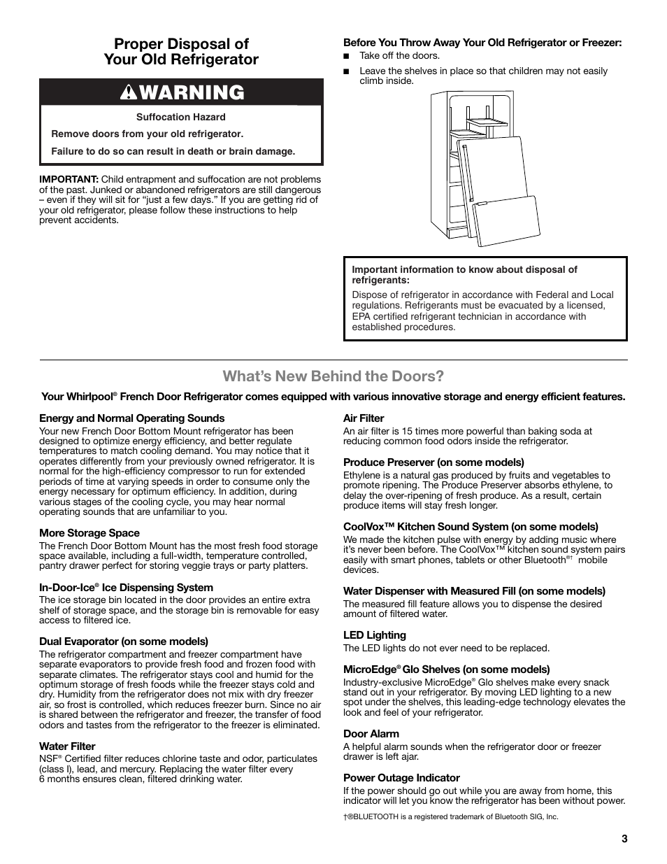 Warning, Proper disposal of your old refrigerator, What’s new behind the doors | Whirlpool WRF991BOOM User Manual | Page 3 / 108