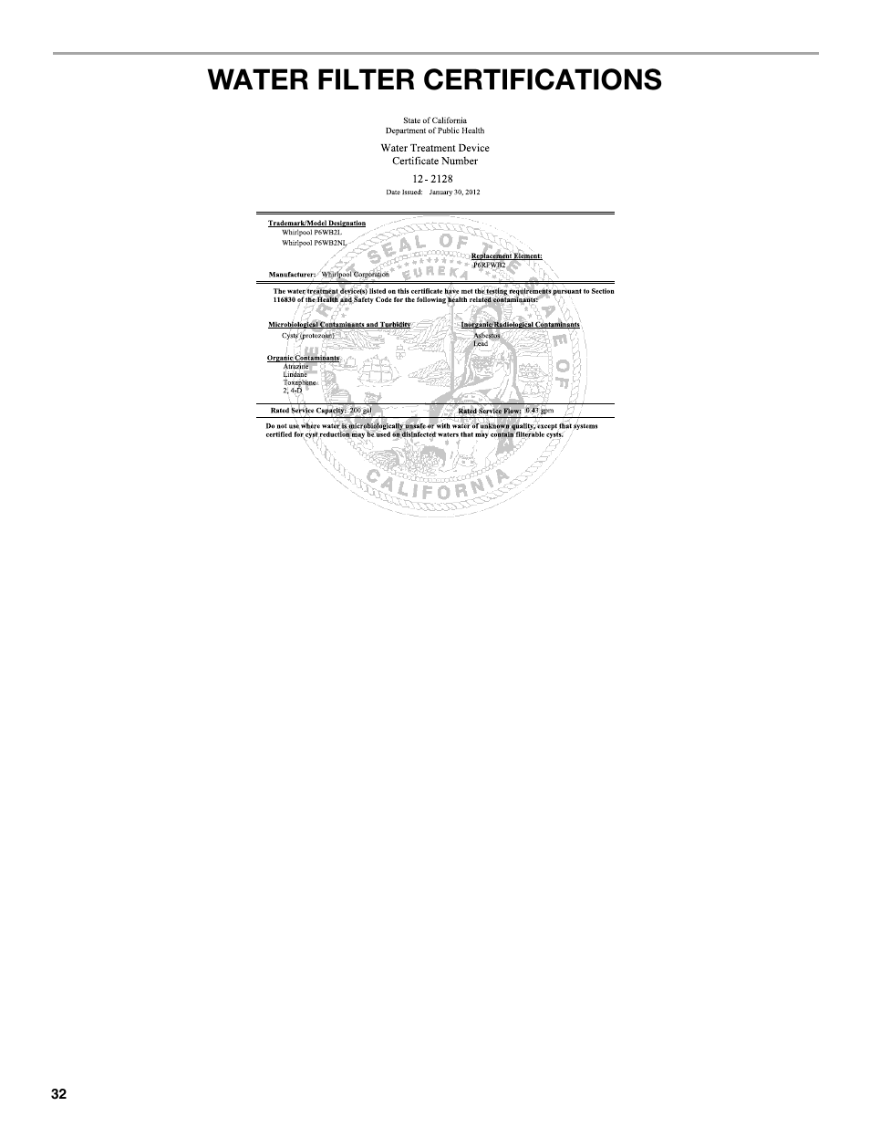 Water filter certifications | Whirlpool WRF991BOOM User Manual | Page 32 / 108
