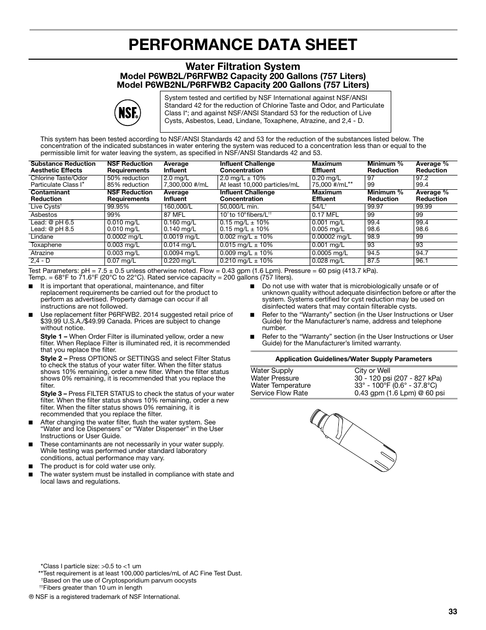 Performance data sheet, Water filtration system | Whirlpool WRF991BOOM User Manual | Page 33 / 108