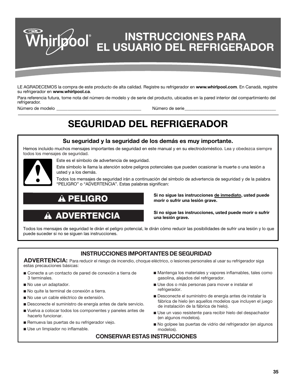 Instrucciones para el usuario del refrigerador, Seguridad del refrigerador, Advertencia peligro | Whirlpool WRF991BOOM User Manual | Page 35 / 108