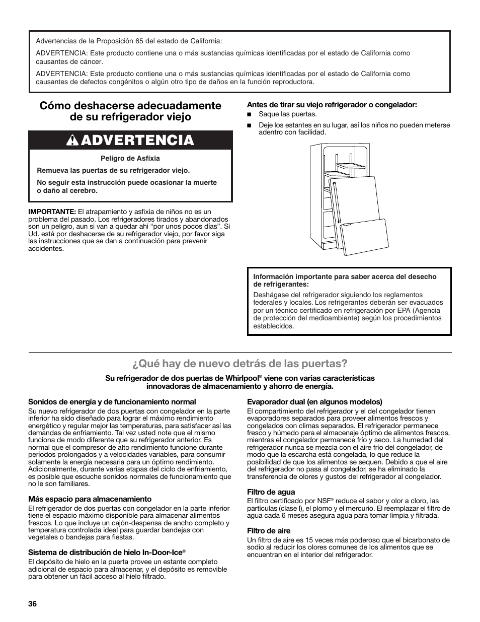 Advertencia, Qué hay de nuevo detrás de las puertas | Whirlpool WRF991BOOM User Manual | Page 36 / 108