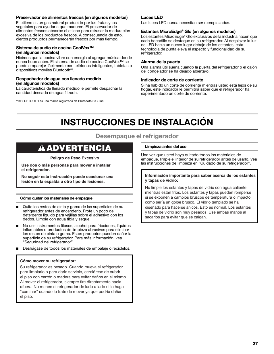 Instrucciones de instalación, Advertencia, Desempaque el refrigerador | Whirlpool WRF991BOOM User Manual | Page 37 / 108