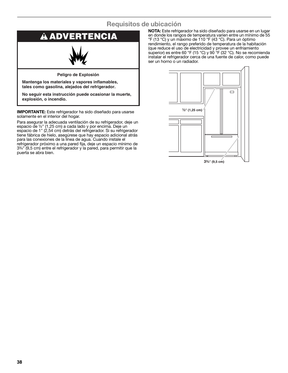 Advertencia, Requisitos de ubicación | Whirlpool WRF991BOOM User Manual | Page 38 / 108