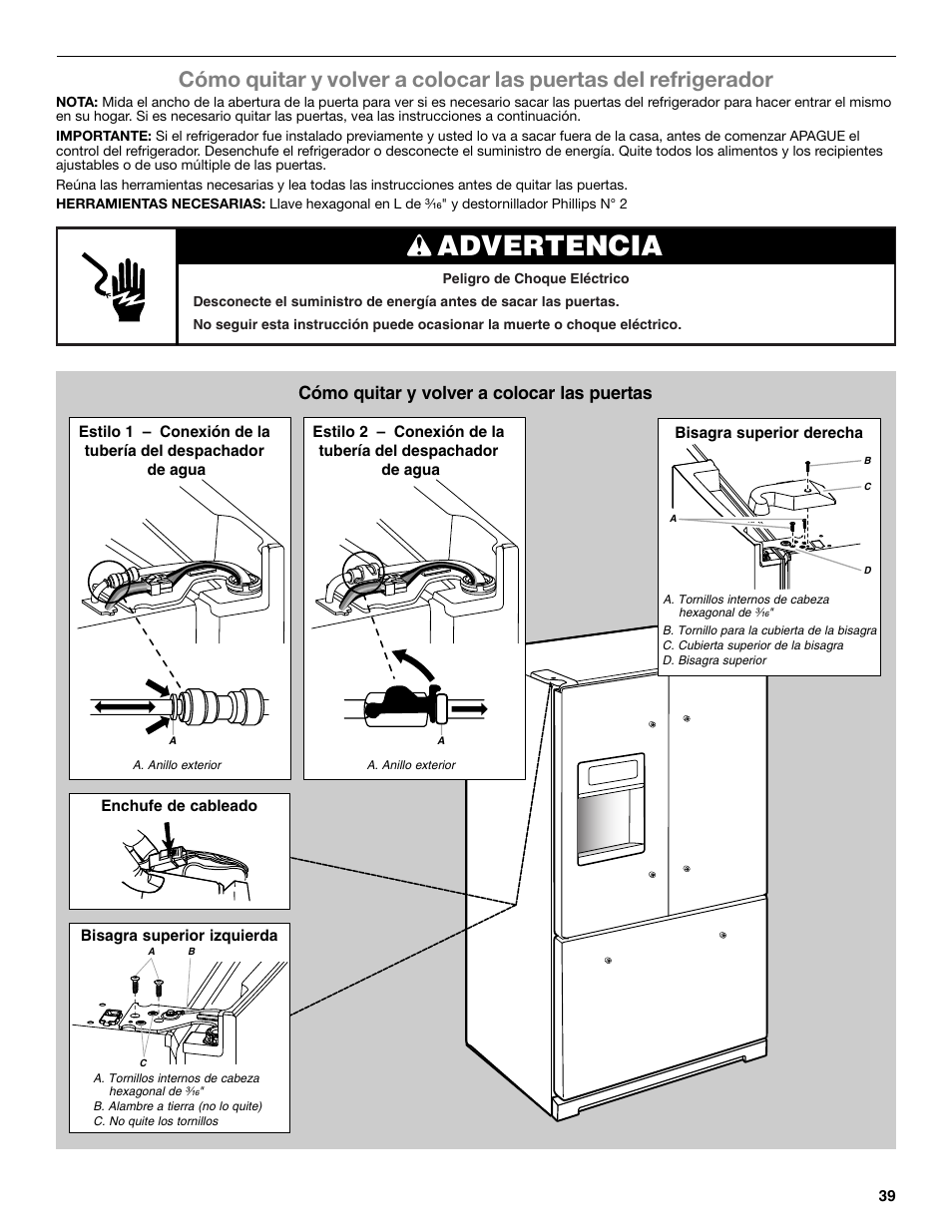 Advertencia, Cómo quitar y volver a colocar las puertas | Whirlpool WRF991BOOM User Manual | Page 39 / 108