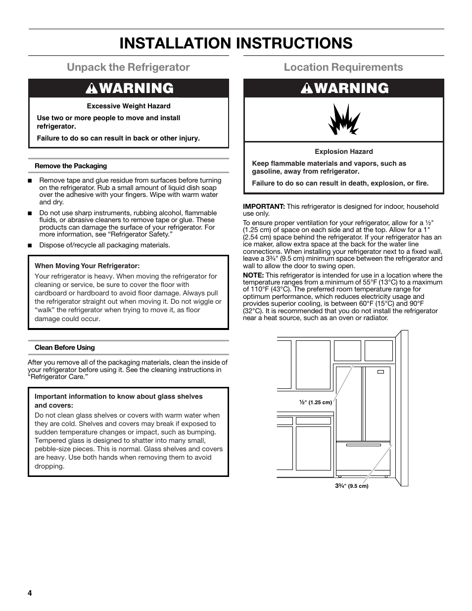 Installation instructions, Warning, Unpack the refrigerator | Location requirements | Whirlpool WRF991BOOM User Manual | Page 4 / 108